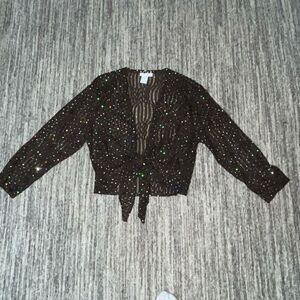 ReBeKah Womens Large Tie Front Cardigan Chocolate‎ Brown Semi-Sheer Sparkle NWOT